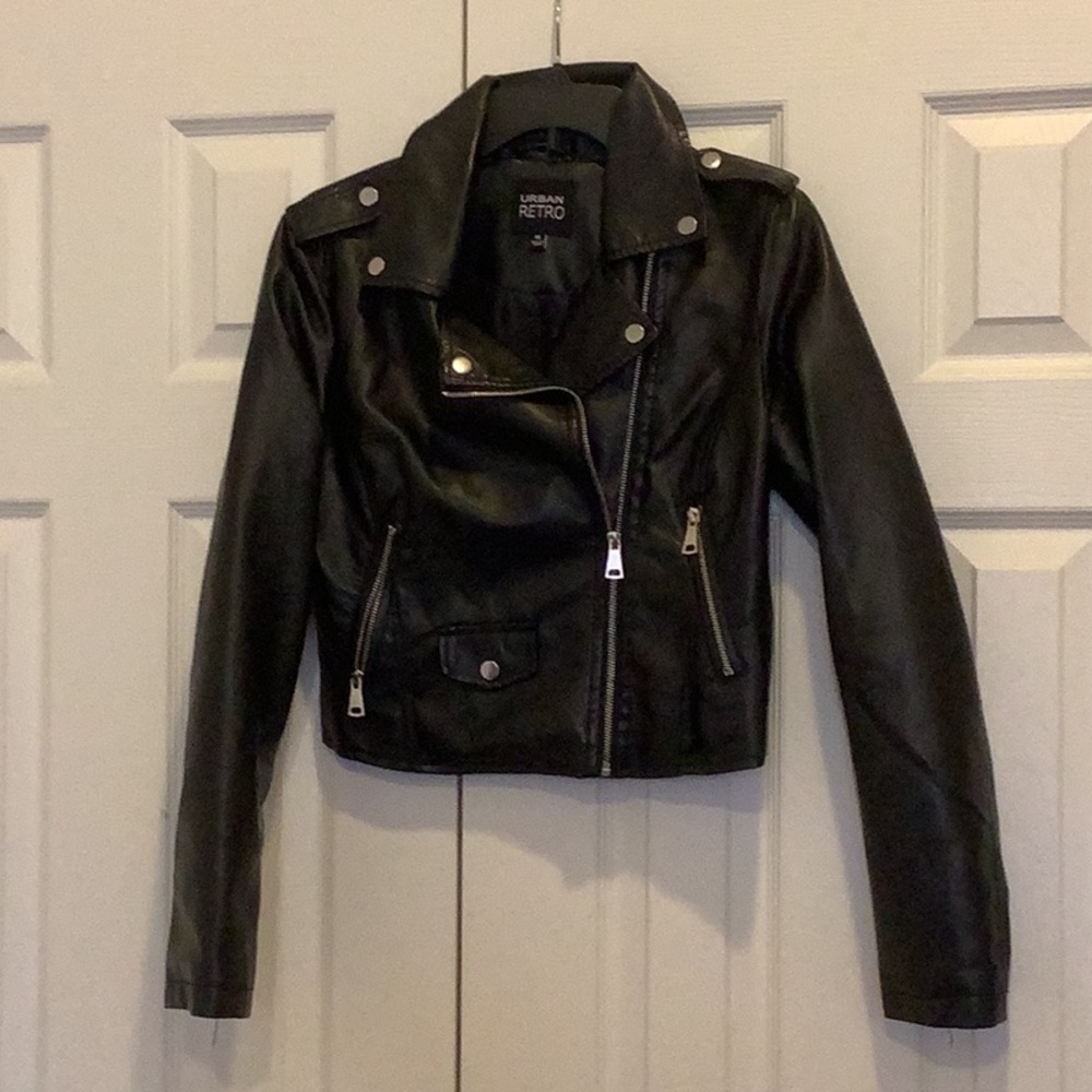 Vegan Leather black jacket withh silver zippers and snaps